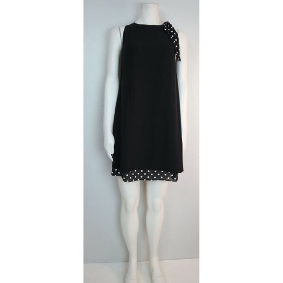 WOMEN'S BLACK DRESS WITH POLKA-DOT TRIM - TAHARI - BOW DETAIL - SIZE 2P - Picture 2 of 7